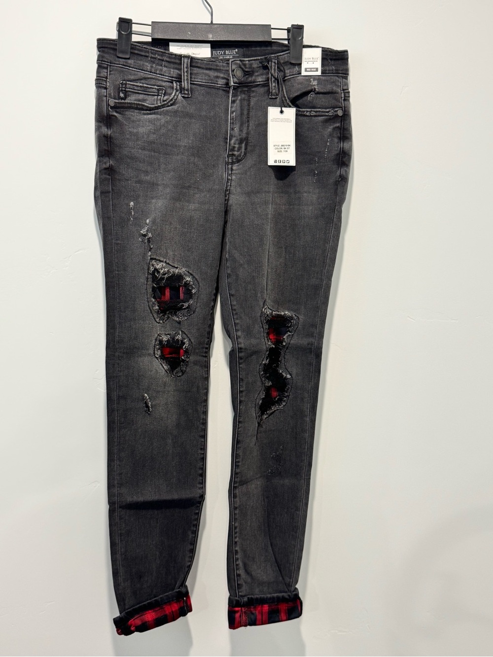 Judy Blue Black Distressed Jeans with Red Plaid Accents 7/28